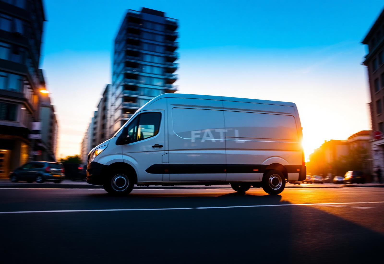 Delivery van on a UK city street at dusk