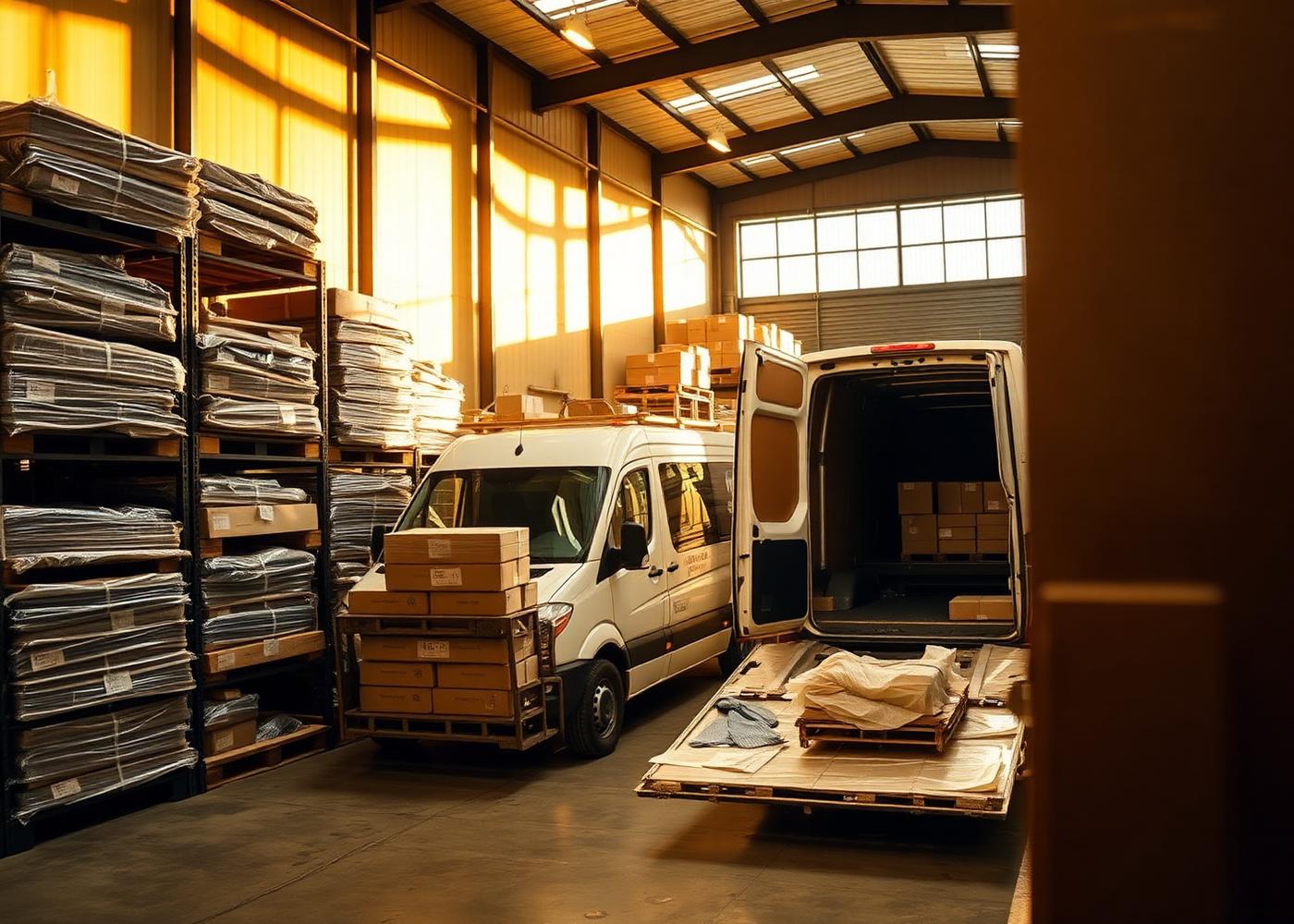 Warehouse with parcels being loaded into a delivery van